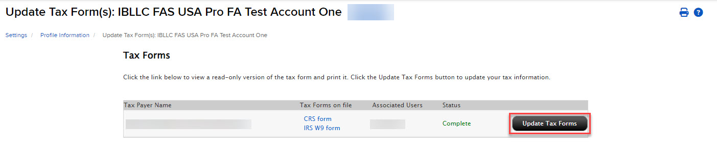 The update tax forms panel in advisor portal. 